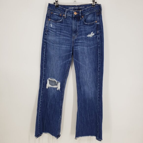American Eagle 90s Flare Distressed Jeans 2 Womens Cropped Frayed Raw Hem Blue - Picture 1 of 10